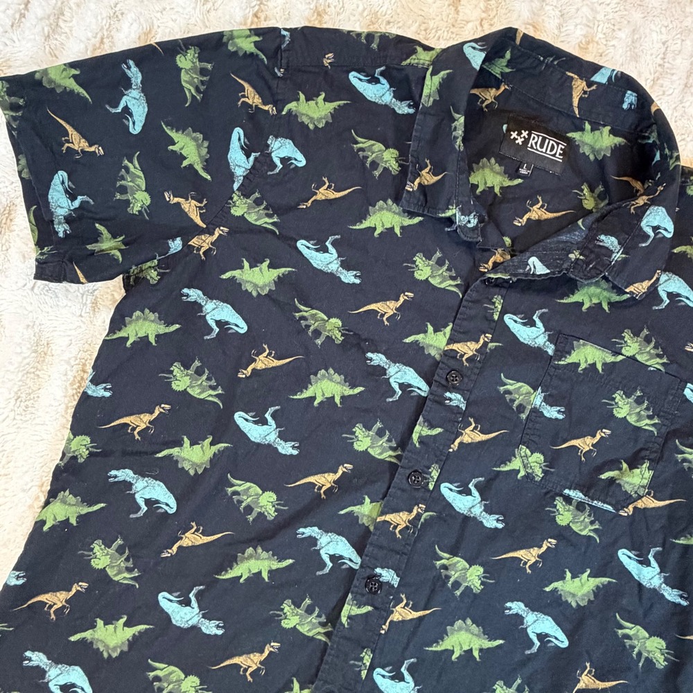 Rude Mens Dinosaur Print Button Down Shirt Black Short Sleeve Cotton Large